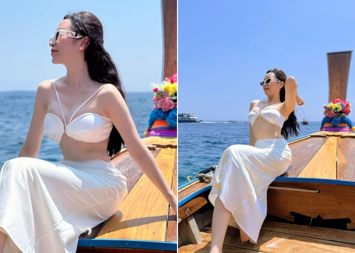 Nữ diễn viên sinh năm 1993 khoe body quyến rũ và làn da trắng nõn nà trong bộ bikini trắng.