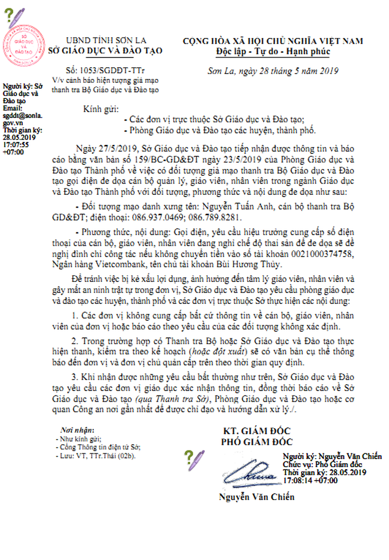  2. Giả mạo thanh tra Bộ GD&amp;ĐT, dọa tống tiền giáo viên: Mới đây, tỉnh Sơn La phát đi thông báo về việc có đối tượng Nguyễn Tuấn Anh giả mạo thanh tra Bộ GD&amp;ĐT gọi điện đe dọa cán bộ, giáo viên, nhân viên ngành giáo dục nhằm tống tiền.