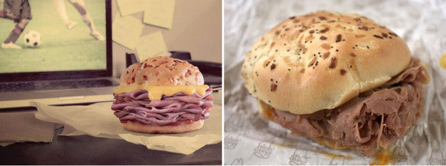 Chiếc bánh sandwich trên ảnh quảng cáo của cửa hàng bắt mắt với lớp phô mai dày, thịt bò gấp đẹp mắt. Song thực tế, chiếc bánh ít phô mai, các miếng thịt bò bị vụn nát.