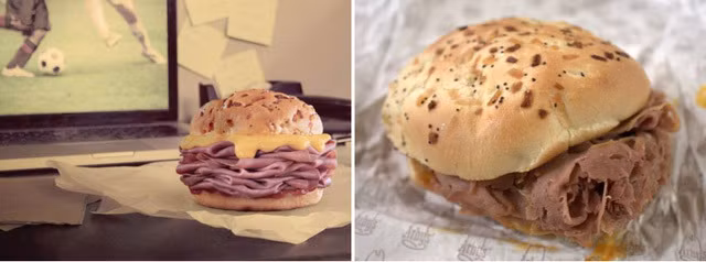 Chiếc bánh sandwich trên ảnh quảng cáo của cửa hàng bắt mắt với lớp phô mai dày, thịt bò gấp đẹp mắt. Song thực tế, chiếc bánh ít phô mai, các miếng thịt bò bị vụn nát.