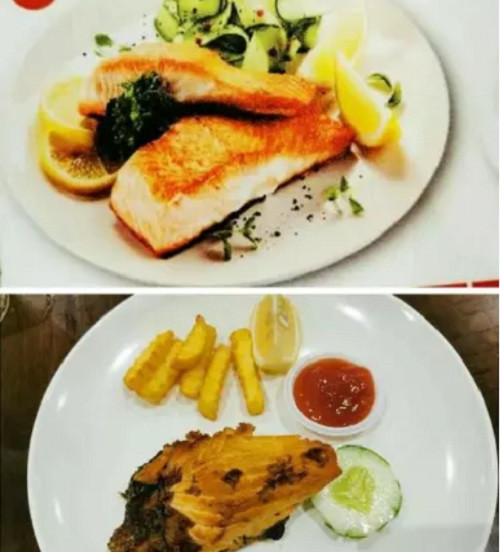 Quảng cáo thì là 2 miếng cá ngon lành nhưng thực tế chỉ là một miếng cá nằm chỏng chơ.