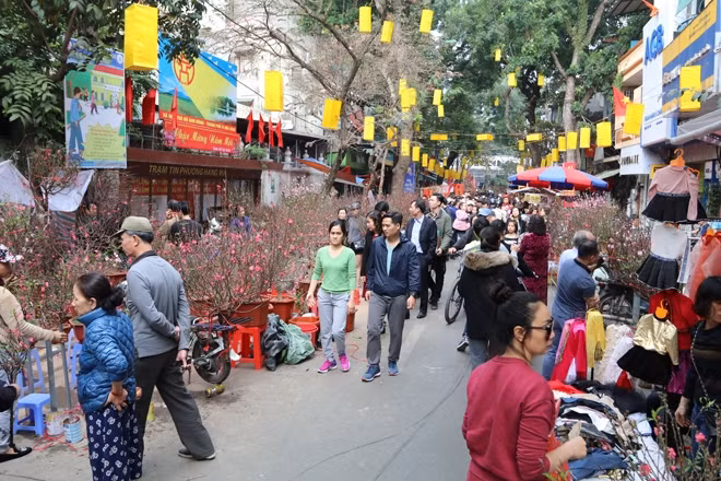 Không chỉ là nơi diễn ra các hoạt động mua bán tấp nập, chợ hoa Hàng Lược còn thu hút đông đảo người dân tới dạo chơi, ngắm cảnh cảm nhận không khí đặc trưng của hồn xuân nơi phố cổ Hà Nội. Ảnh: Thethaovanhoa.