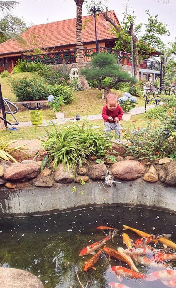 Ngôi nhà chính thiết kế hai tầng được bao phủ bởi khu sân vườn rộng lớn, hồ cá koi lớn và nhiều cây xanh.