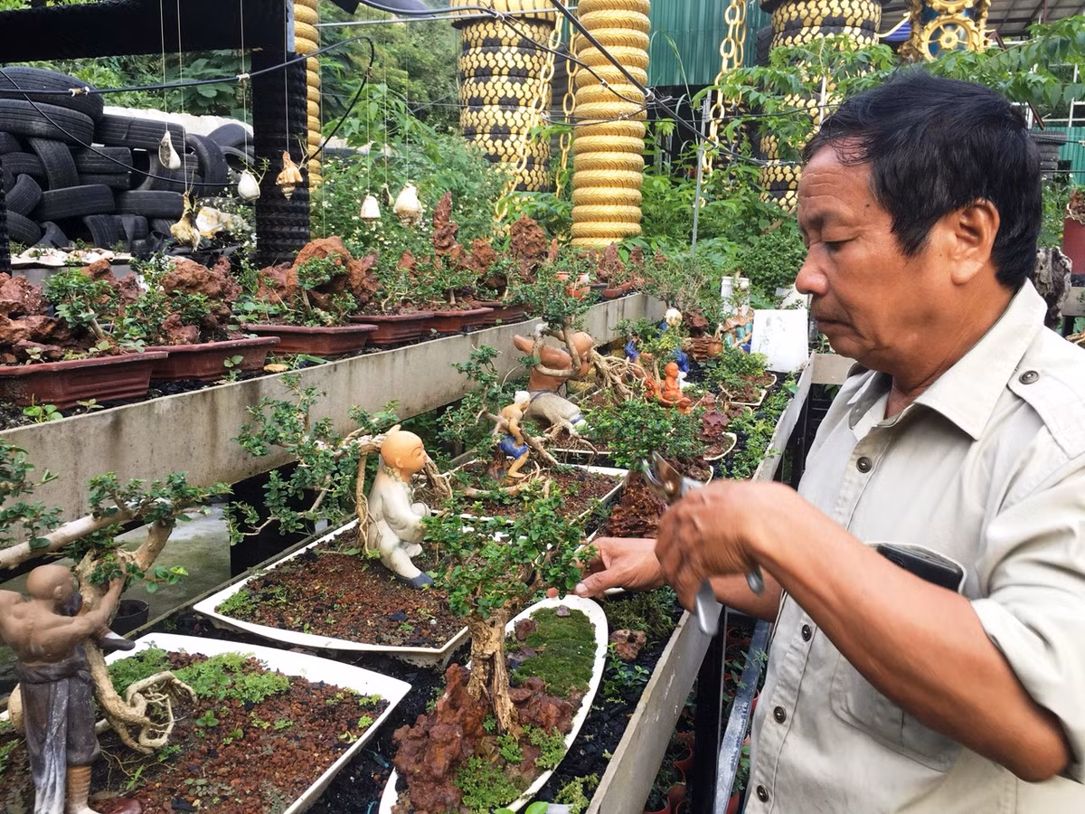 Năm ngoái, ông Nguyễn Văn Phúng (ở thôn Phước Thượng, xã Phước Đồng, TP Nha Trang, tỉnh Khánh Hòa) được Tổ chức Liên minh Kỷ lục Thế giới thông báo công nhận “Bộ sưu tập bonsai và tiểu cảnh mini có số lượng nhiều nhất thế giới". Ảnh: Dân Việt.