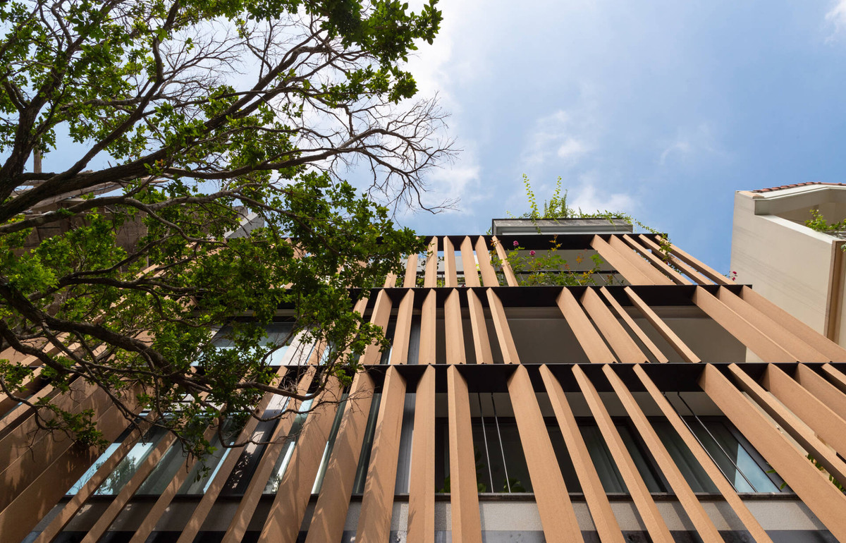 Nhờ đó, ngôi nhà như được “kéo dài hơn” khi quan sát gần từ dưới lên. Ảnh: Triệu Chiến.