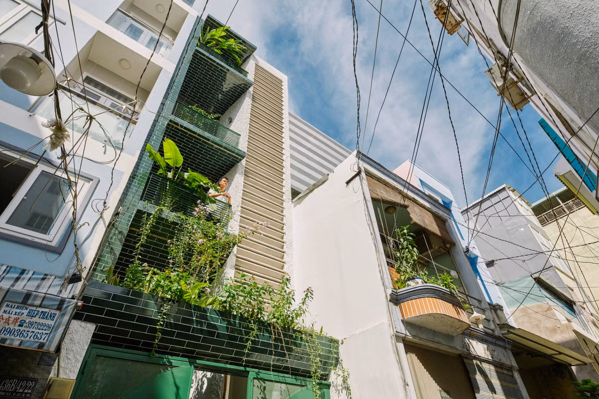 Vì diện tích khá nhỏ, các công ăng được sử dụng triệt để. Những mảng xanh ở mặt tiền sẽ điều hòa khí hậu, làm mát không gian bên trong.