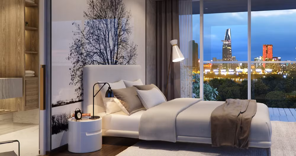 Phòng ngủ có tầm nhìn toàn cảnh thành phố tuyệt đẹp.