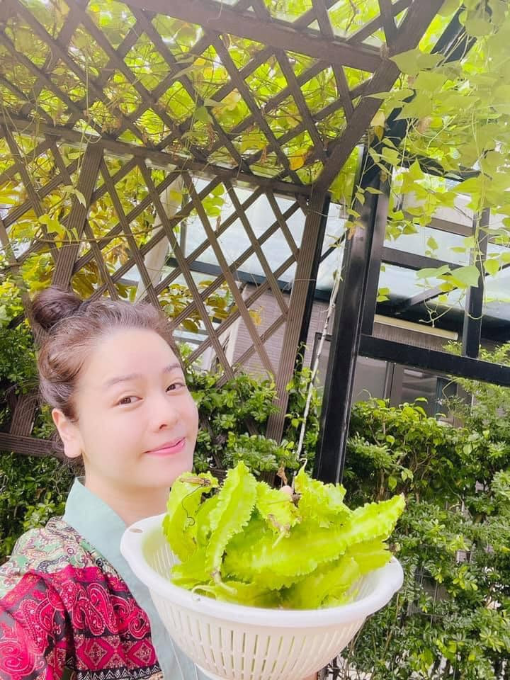 Nhật Kim Anh hào hứng khoe rổ đậu rồng vừa hái trong vườn.