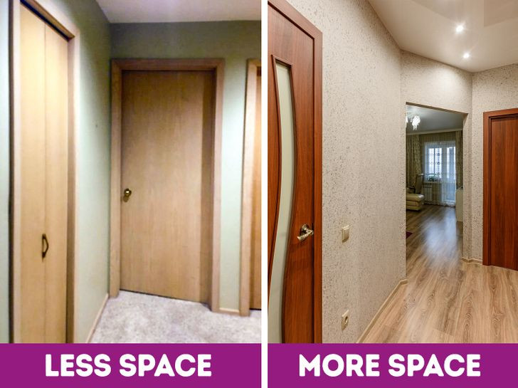 Không phải phòng nào cũng cần có cửa. Cửa chiếm nhiều không gian, thường là toàn bộ một góc. Do đó, gia chủ nên cẩn thận với những cánh cửa trong hành lang hẹp. Có thể dùng giải pháp thay thế rẻ tiền là rèm hoặc cửa xếp.