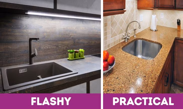 Chậu rửa bằng đá nhân tạo trông đẹp hơn so với thép không gỉ thông thường. Tuy nhiên, nó đòi hỏi những sản phẩm tẩy rửa đặc biệt. Bạn cũng không thể đặt vật nặng vào trong đó.