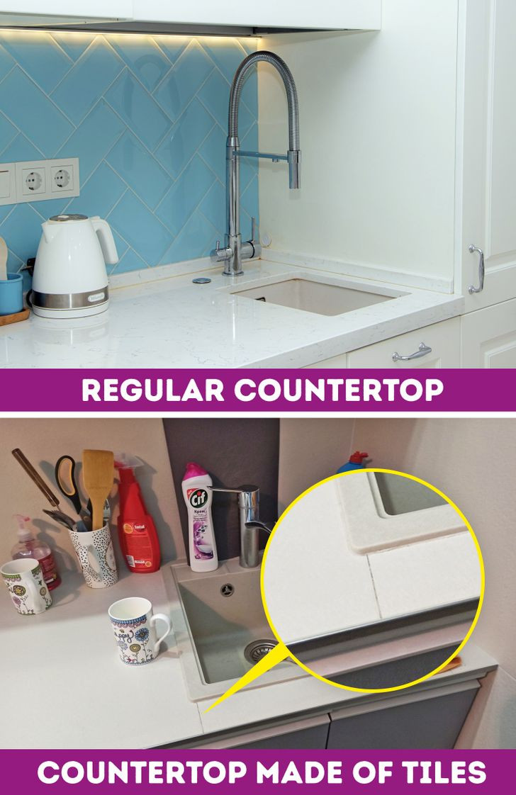 Mặt bàn làm bằng gạch trong phòng tắm hoặc nhà bếp là một ý tưởng khác thường. Bằng cách này hay cách khác, nước sẽ đọng lại trên các đường ron và chúng sẽ chuyển sang màu sẫm rất sớm. Vì vậy, bạn cũng sẽ phải làm sạch chúng thường xuyên. Nguồn ảnh: Brightside