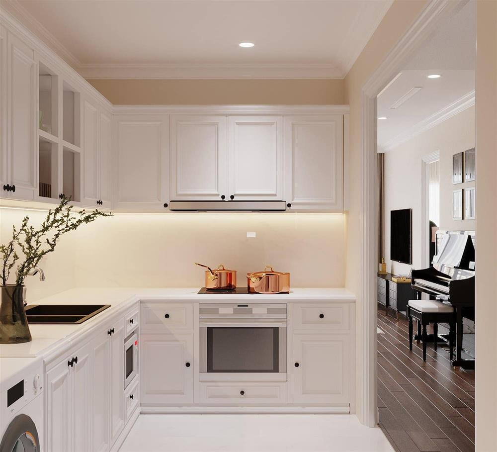 Nhà bếp với gam màu trắng tạo cảm giác sạch sẽ và ngăn nắp. Ảnh: FBNV.