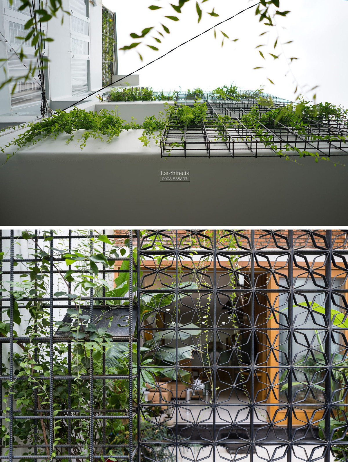 Để giải quyết các bất lợi về ánh sáng và thông gió, kiến trúc sư dùng "thủ pháp đặc rỗng" trong tạo khối nhà. Bên ngoài, cổng "hoa sắt" cùng giàn leo sắt tạo khối rỗng theo phương dọc.