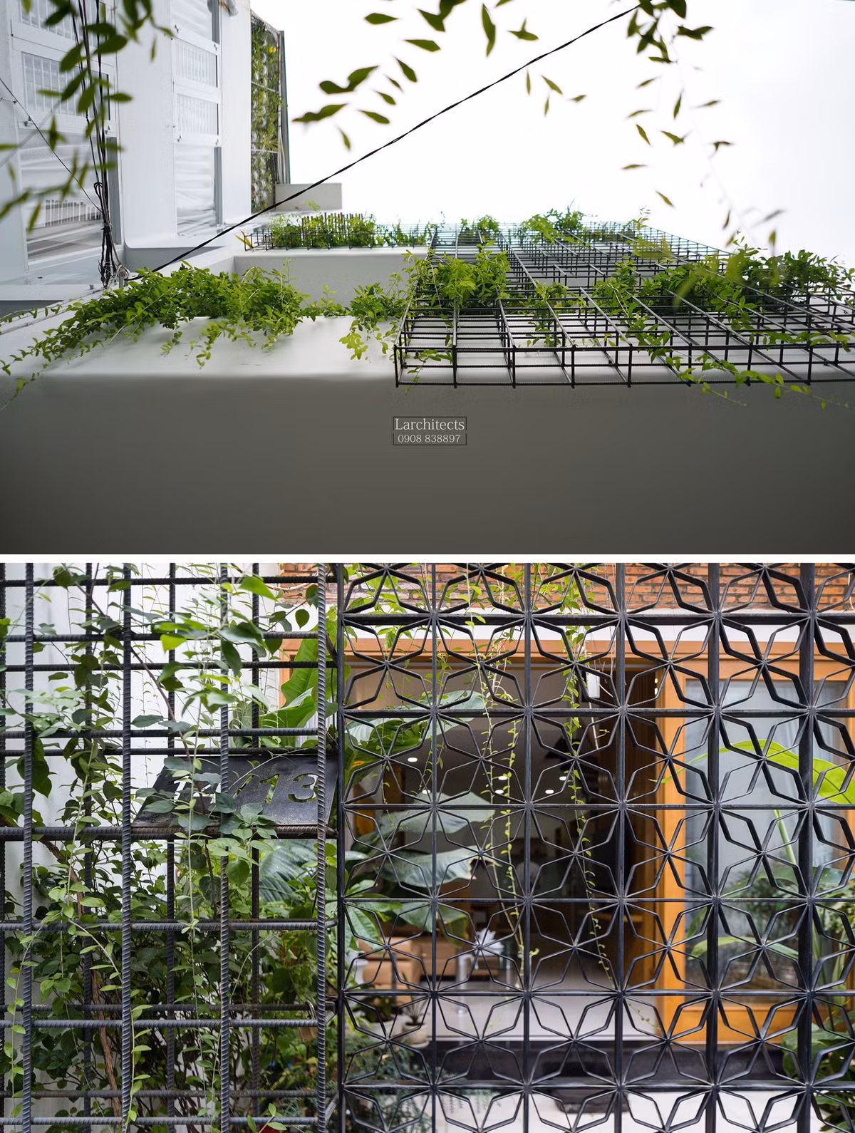 Để giải quyết các bất lợi về ánh sáng và thông gió, kiến trúc sư dùng "thủ pháp đặc rỗng" trong tạo khối nhà. Bên ngoài, cổng "hoa sắt" cùng giàn leo sắt tạo khối rỗng theo phương dọc.