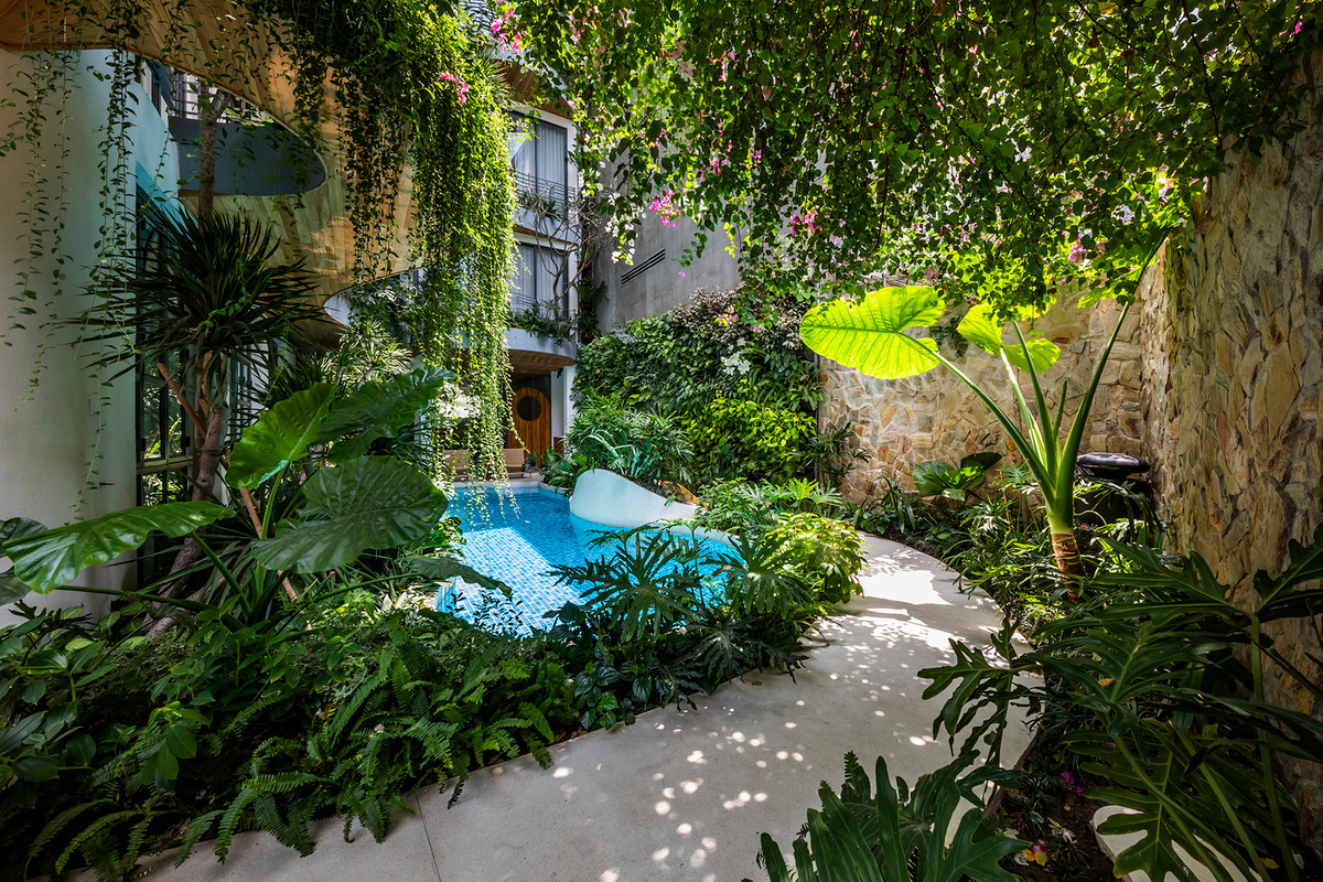 Từ cổng, kiến trúc sư thiết kế một con đường cong ngắn dẫn vào bên trong, khiến nó giống như một cuộc dạo chơi thú vị giữa các loại cây, nước và ánh sáng.