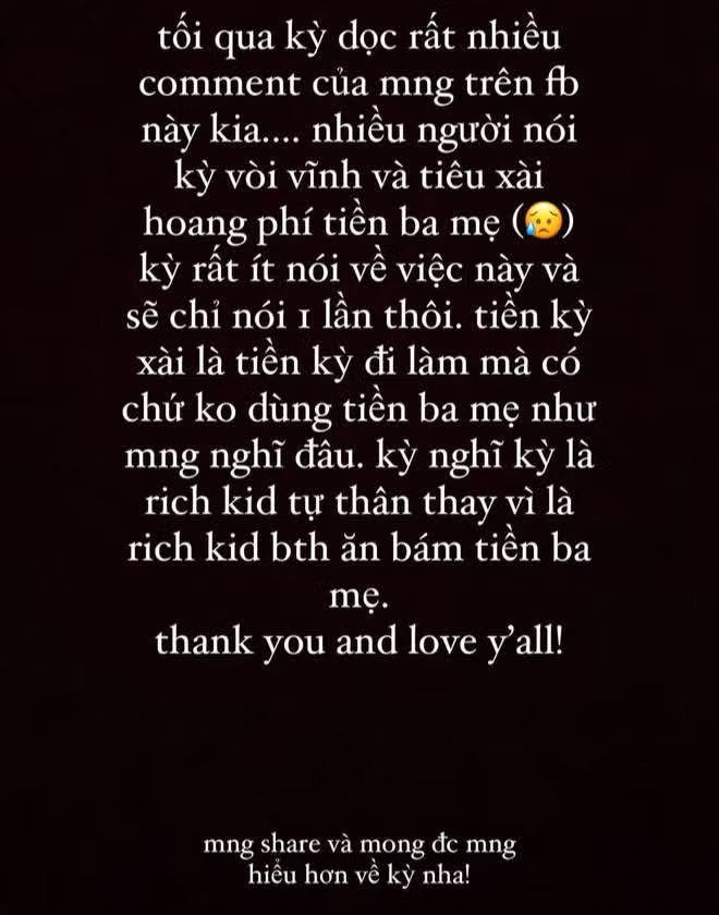 Có không ít ý kiến trái chiều trên mạng xã hội chỉ trích chuyện "rich kid" khoe mẽ, lấy tiền của bố mẹ tiêu xài hoang phí. Thế nhưng, Gia Kỳ cũng khẳng định mình là rich kid tự thân thay vì là rich kid ăn bám tiền ba mẹ. Ảnh: FBNV.