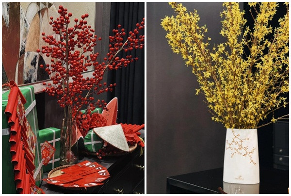 Ngày Tết, Á hậu Tú Anh lại chọn những loại hoa như mai Mỹ, đào đông đỏ cho hợp không khí.