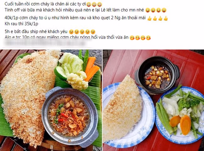 Trên chợ mạng, cơm cháy kho quẹt được rao bán nhiều với giá từ 50.000 - 65.000 đồng/suất đủ cho 2 người ăn. Ảnh: Facebook