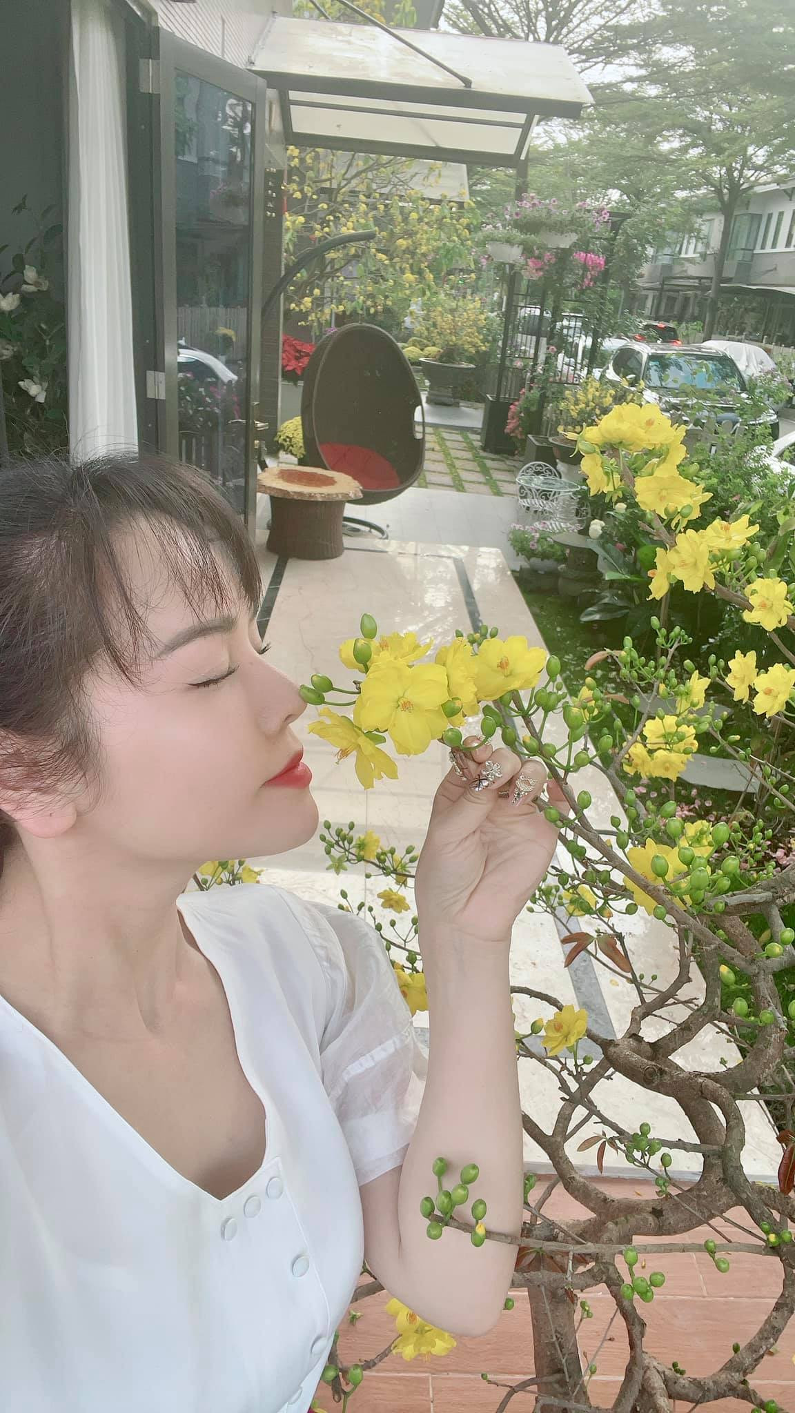 Diễn viên Nhật Kim Anh tạo dáng bên hoa mai trong vườn. Nguồn ảnh: FBNV.