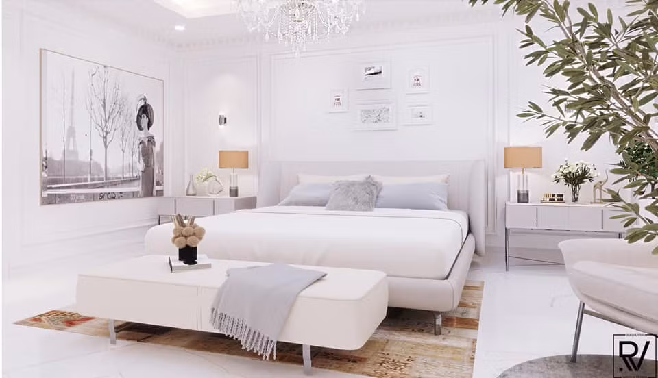 Phòng ngủ rộng rãi có cây xanh làm điểm nhấn.