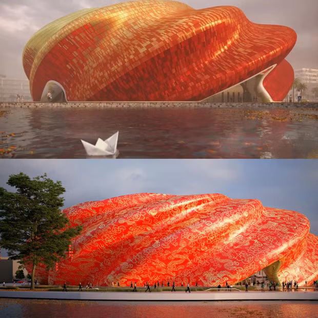 Theo một nhà phê bình kiến trúc, Các yếu tố chồng chất như màu đỏ, lụa, rồng và phượng khiến cho công trình kiến trúc như bị ‘bội thực’ và không phù hợp với lịch sử của thành phố Quảng Châu.