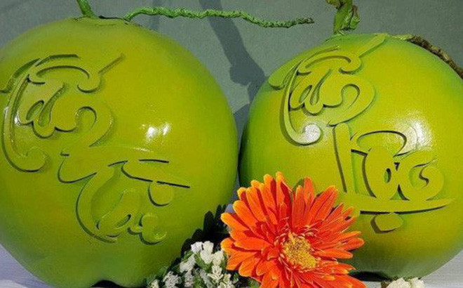 Năm 2017, dừa khắc chữ lần đầu tiên có mặt tại thị trường Hà Nội phục vụ Tết với mức giá 500.000 đồng/quả. Ảnh: Internet.