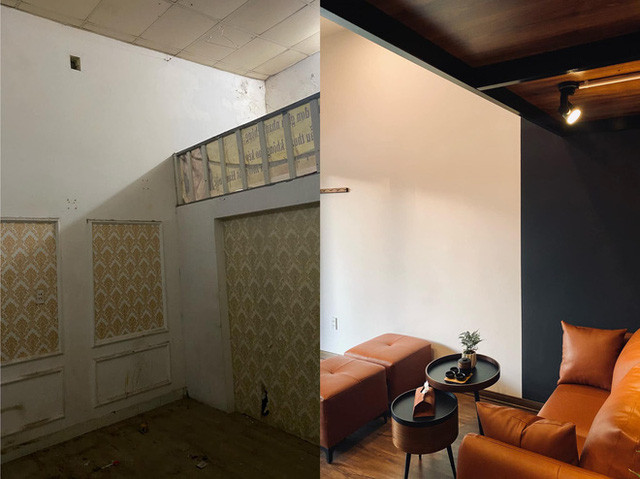 Ngoài ra, hệ gác lửng xuống cấp và ọp ẹp nhiều nên đơn vị thi công tận dụng sắt cũ và gia cố làm lại hệ sàn mới. Ảnh: KaoLad Design.