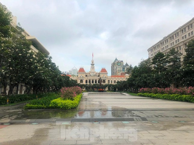 Khuôn viên quanh tượng đài Bác Hồ ở phố đi bộ Nguyễn Huệ được nhân viên cây xanh chăm sóc xanh tươi, dù mấy tháng nay, nơi này hạn chế người dân đến.