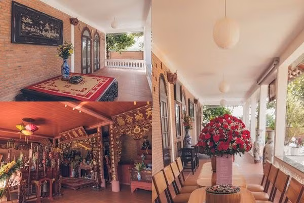 Gian đầu tiên thờ Phật, Tam tòa đức quốc mẫu, tổ nghiệp và gia tộc họ Trần, Lê. Gian thứ 2 là nơi ở của gia đình còn gian cuối cùng là địa điểm dùng để tổ chức tiệc và đón khách. Ảnh: FB Lý Nhã Kỳ