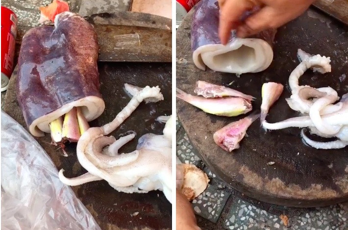 Đi Vũng Tàu du lịch, một cô gái mua con mực nặng 1,4kg trông khá tươi ngon. Thế nhưng, khi mổ ra mới biết bên trong bị nhét một đống cá con nhằm tăng trọng lượng cũng như giá tiền cho con mực. Ảnh: Tiktok