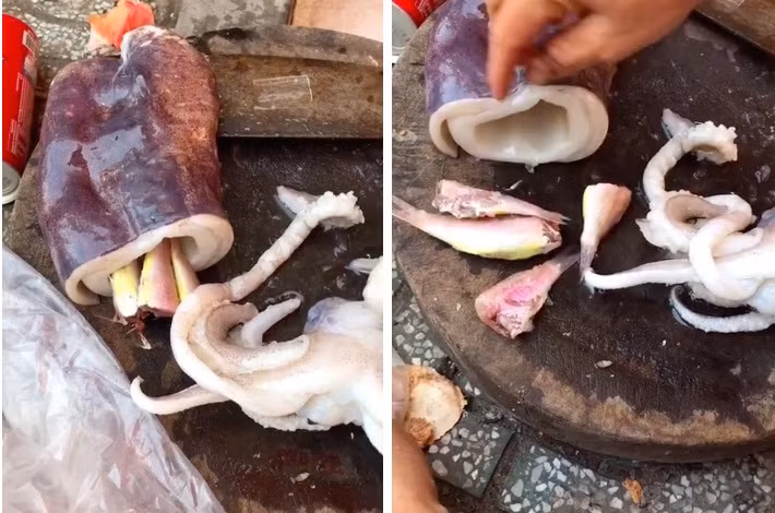 Đi Vũng Tàu du lịch, một cô gái mua con mực nặng 1,4kg trông khá tươi ngon. Thế nhưng, khi mổ ra mới biết bên trong bị nhét một đống cá con nhằm tăng trọng lượng cũng như giá tiền cho con mực. Ảnh: Tiktok