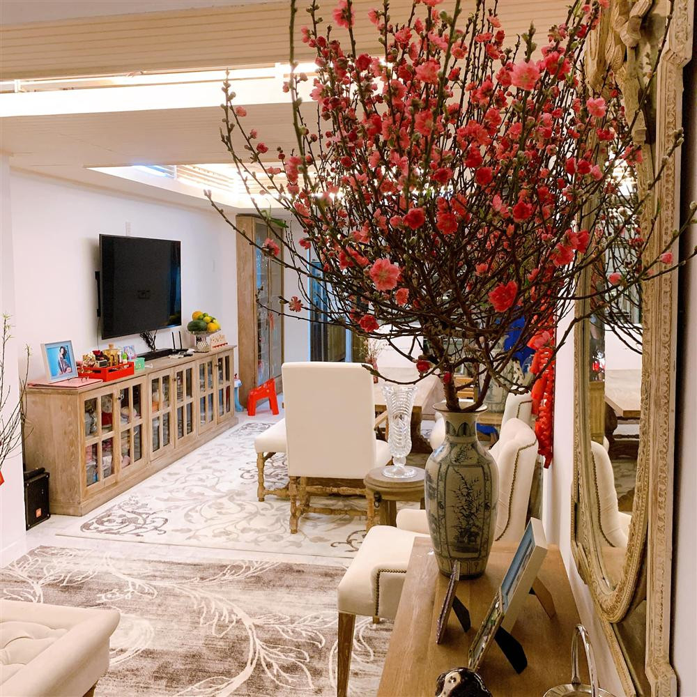 Cành đào nở hoa rực rỡ, bừng sáng cả không gian.