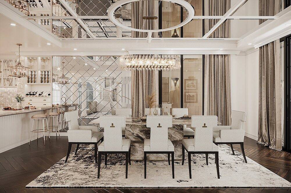 Ngoài tông trắng chủ đạo, căn nhà còn có thêm sắc đen, xám, nâu và vàng đồng, tạo nên tổng thể hiện đại.