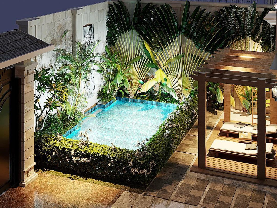 Hồ bơi và nơi thư giãn như không gian trong khách sạn.