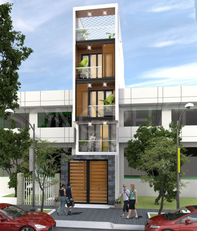 Nhà 4 tầng sử dụng lam gỗ vừa tạo điểm nhấn mặt tiền vừa tiết kiệm chi phí. Ảnh: Song phát construction