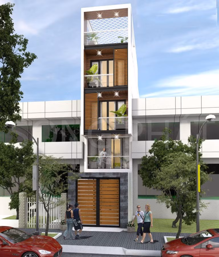 Nhà 4 tầng sử dụng lam gỗ vừa tạo điểm nhấn mặt tiền vừa tiết kiệm chi phí. Ảnh: Song phát construction