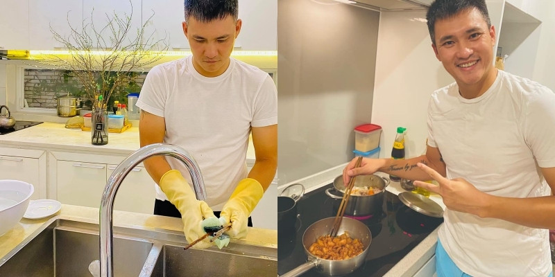 Dù ở biệt thự hay căn hộ thì Công Vinh vẫn dành thời gian vào bếp phụ vợ. Nguồn ảnh: FBNV