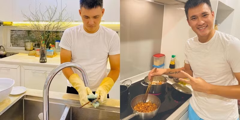 Dù ở biệt thự hay căn hộ thì Công Vinh vẫn dành thời gian vào bếp phụ vợ. Nguồn ảnh: FBNV