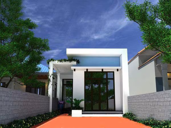 Nhà ống 1 tầng thiết kế hiện đại với cửa kính lớn, sân rộng thoáng đãng. Ảnh: Tiền phong.