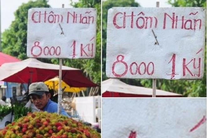 Thực tế 8.000 đồng chỉ được 1/2 kg nhưng người viết cố tình viết số 1 to, nhưng số 2 ở dưới rất bé. Nếu nhìn từ xa, hầu hết người tiêu dùng sẽ lầm tưởng chôm chôm nhãn được bán với giá 8.000 đồng/kg. Ảnh: Internet