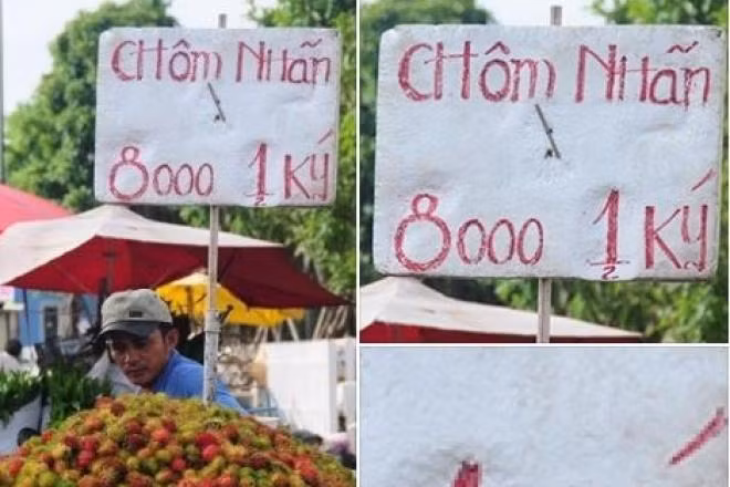 Thực tế 8.000 đồng chỉ được 1/2 kg nhưng người viết cố tình viết số 1 to, nhưng số 2 ở dưới rất bé. Nếu nhìn từ xa, hầu hết người tiêu dùng sẽ lầm tưởng chôm chôm nhãn được bán với giá 8.000 đồng/kg. Ảnh: Internet