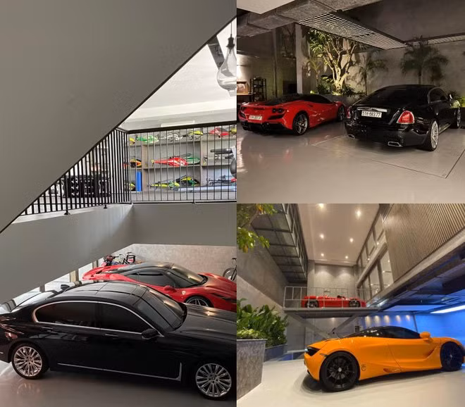 Tầng 1 căn biệt thự là gara với sức chứa tận 6 chiếc xe. Điều đặc biệt nhất trong căn biệt thự chính là chiếc cầu thuỷ lực đặt giữa gara, có thể nâng hạ để di chuyển những chiếc xe lên xuống.