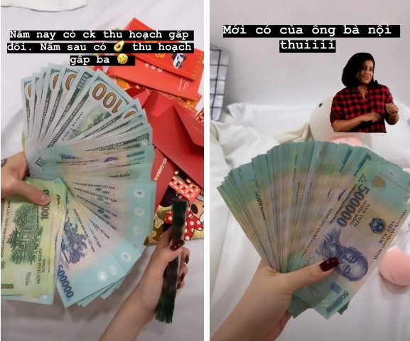 Joyce Phạm cũng khiến dân tình choáng ngợp khi khoe số tiền được lì xì trong dịp Tết. Nhìn sơ qua cũng đoán được số lì xì này ít cũng phải vài chục triệu.