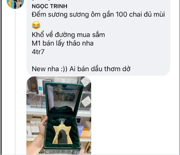 Sau loạt hàng hiệu siêu đắt đỏ, Ngọc Trinh cập nhật thêm cho topic thanh lý mặt hàng nước hoa vì trợ lý Thúy Kiều bảo "bán cho vui". Nguồn ảnh: FBNV