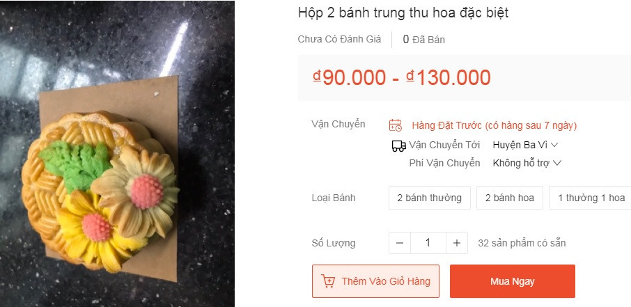 Trên sàn thương mại điện tử, bánh trung thu hoa nổi đặc biệt được rao bán với giá từ 90.000 - 130.000 đồng/chiếc. Ảnh chụp màn hình