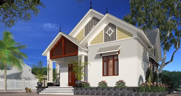 Căn nhà được thiết kế cầu kì với nhiều tầng mái, hướng về nhiều hướng khác nhau. Ảnh: Thietkethicongnhadep.