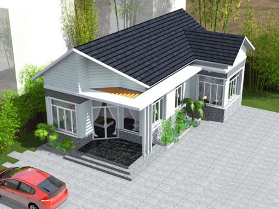 Nhà 1 tầng có sân lát gạch hoa cùng cửa kính khung nhôm tạo không gian rộng rãi. Ảnh: Datbinhduong.