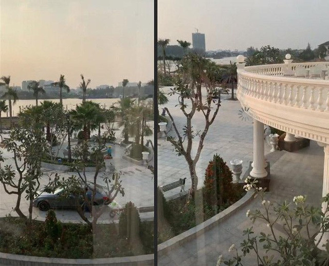 Biệt thự có 3 tầng lầu, thiết kế giống như một tòa lâu đài với khoảng sân vườn rộng mênh mông và view sông trước mặt.