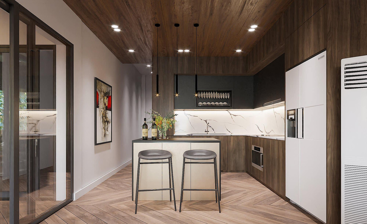 Vợ chồng Hồng Đăng sử dụng đá tự nhiên làm vật liệu khu bếp.