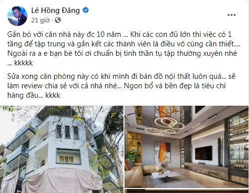 Cách đây ít giờ, trên trang cá nhân, diễn viên Hồng Đăng khiến khán giả phải trầm trồ khi chia sẻ hình ảnh về căn biệt thự vừa sang trọng, vừa bề thế tại trung tâm Hà Nội.